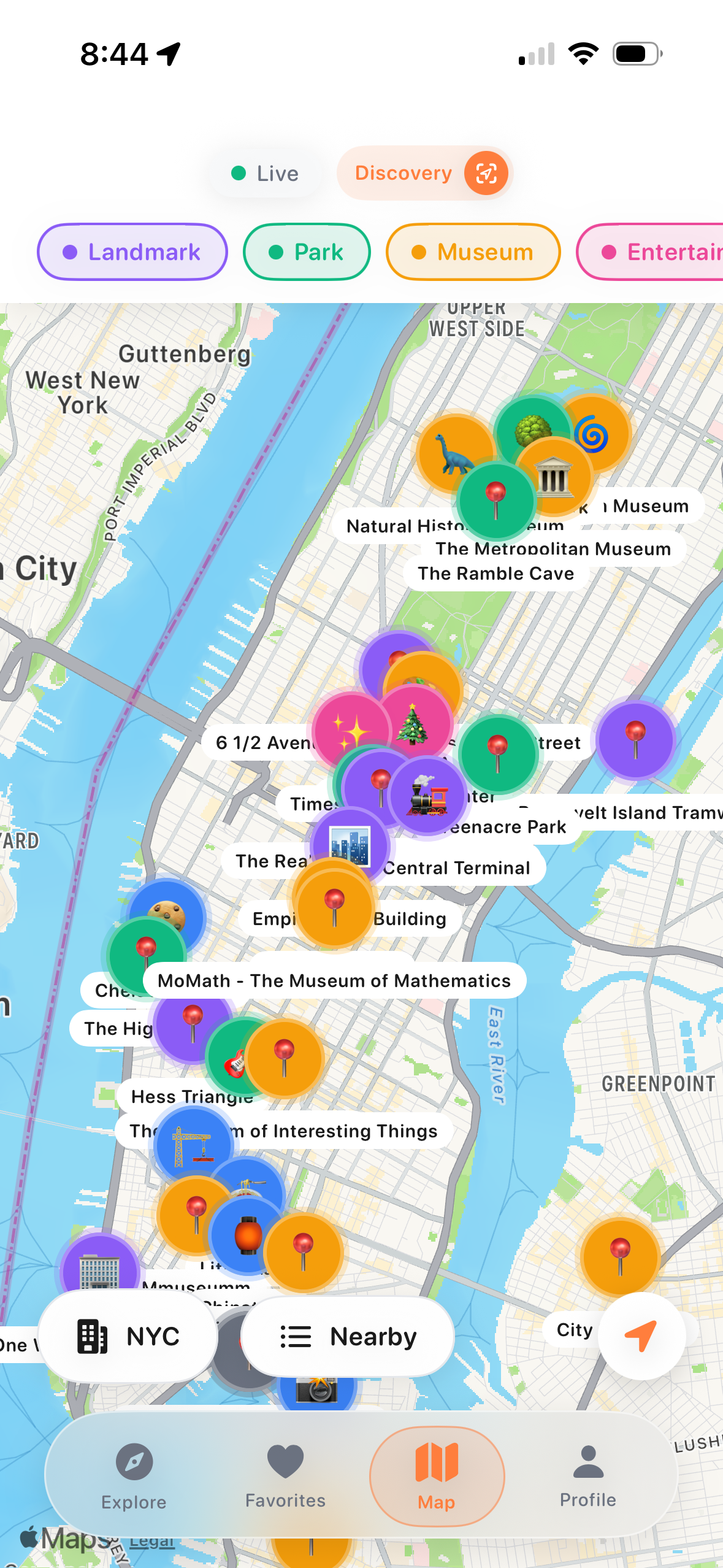 Wandr map view showing NYC landmarks, parks, and museums